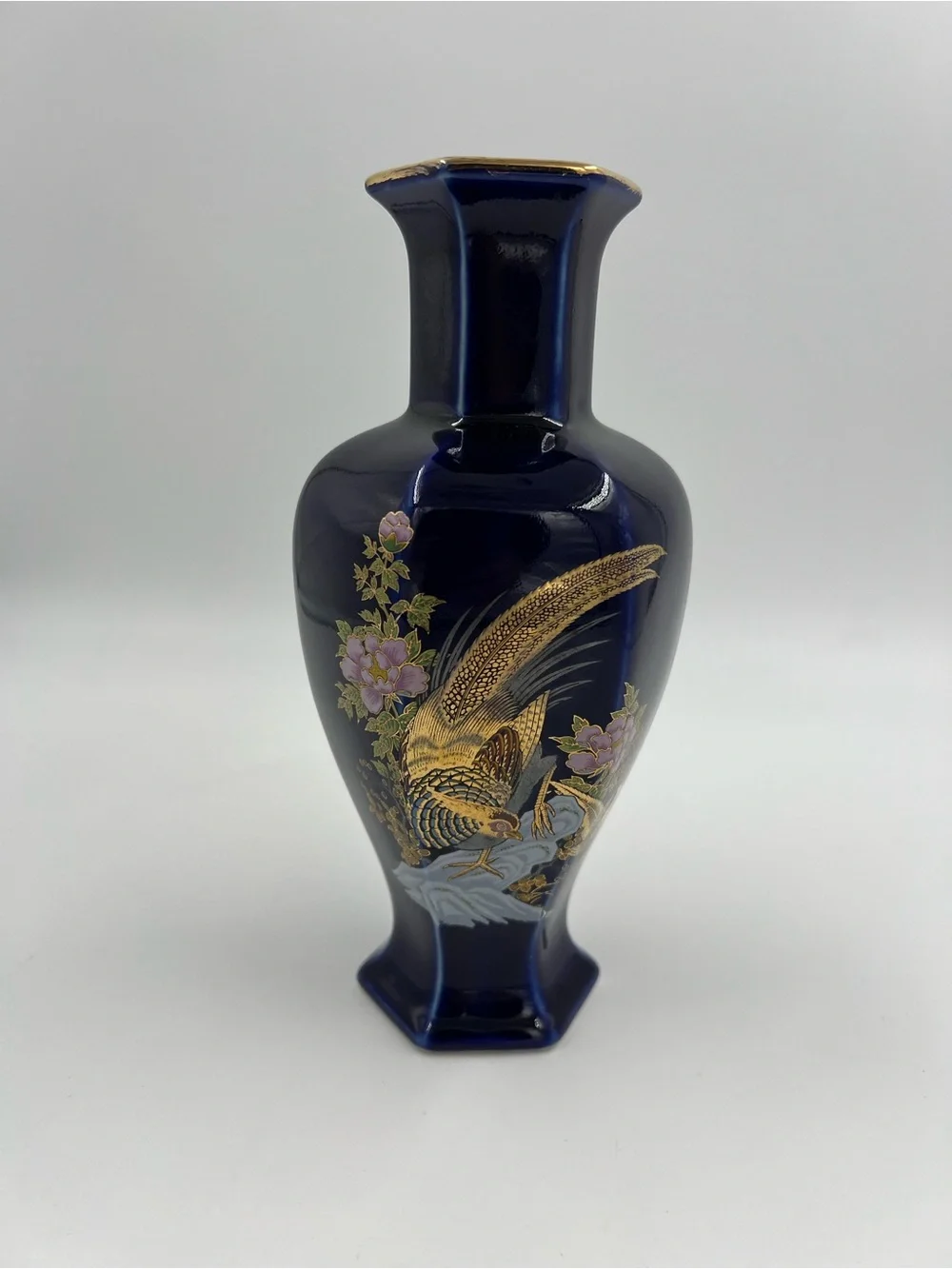 Vintage Japanese Blue Cobalt Porcelain Floral Gold Pheasant Vase 8” Tall